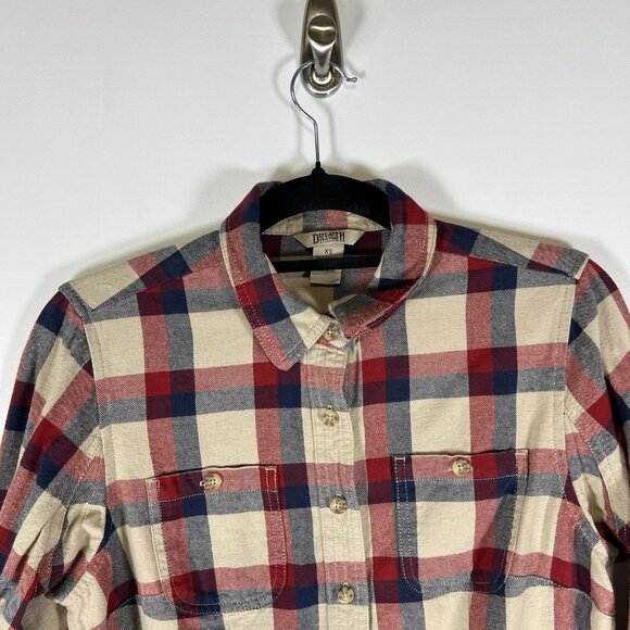Duluth Trading Co Womens Size XS Red Cream Blue Cotton Plaid Button Down - Picture 2 of 8